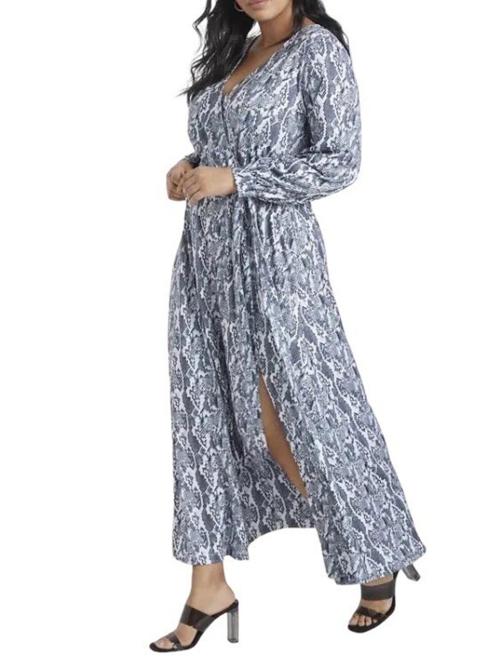 ELOQUII Faux Wrap Snakeskin Print Belted Front Slit Long Sleeve Maxi Dress sz 24